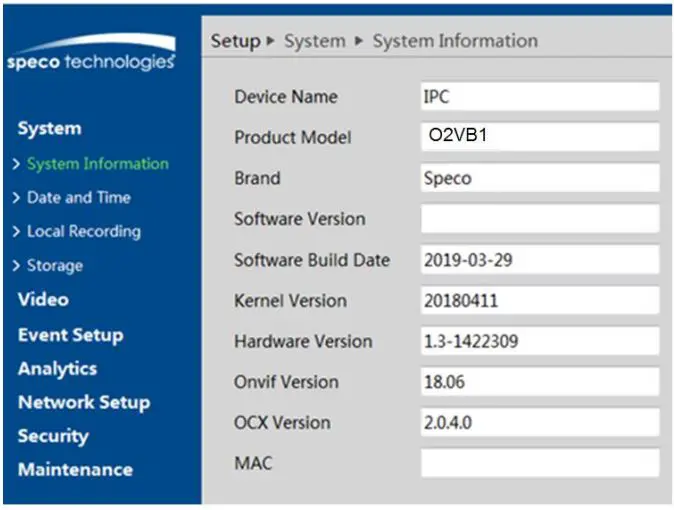 Speco 2MP IP Camera User Manual - System Information