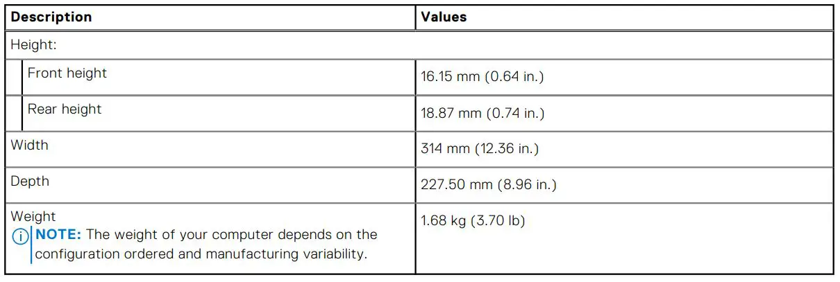 DELL Inspiron 14 Plus 7420 Laptop Computer - Table 2. Dimensions and weight