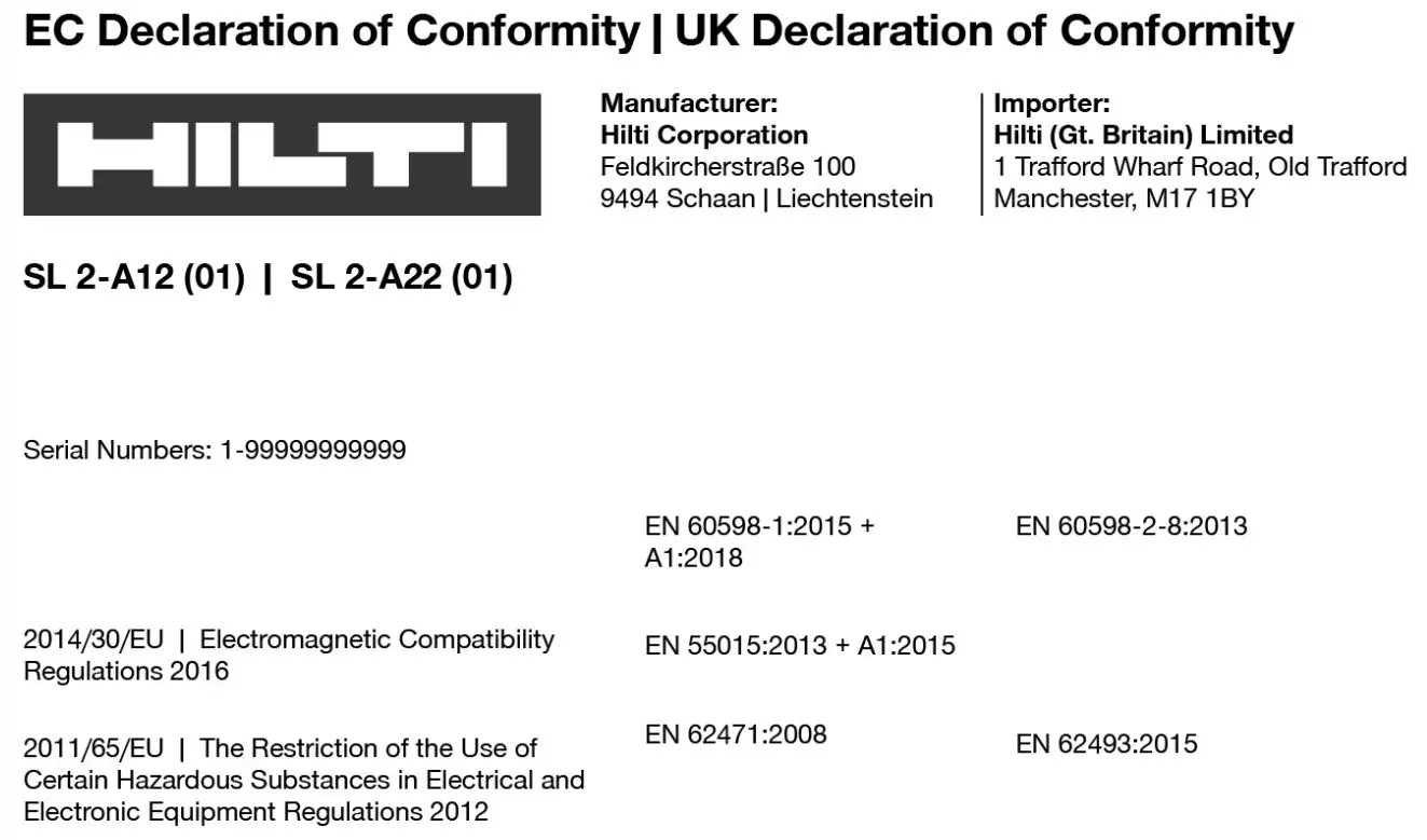 HILTI SL 2-A12 Cordless LED Work Lights Instruction Manual - EC Declaration of Conformity