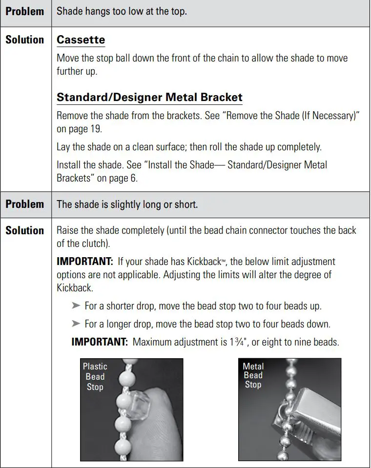 Hunter Douglas Sonnette Cellular Roller Shades Instruction Manual - Troubleshooting