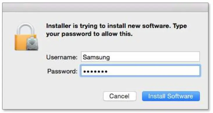 SAMSUNG Flip Printing Software - Enter your computer login password and click Install Software