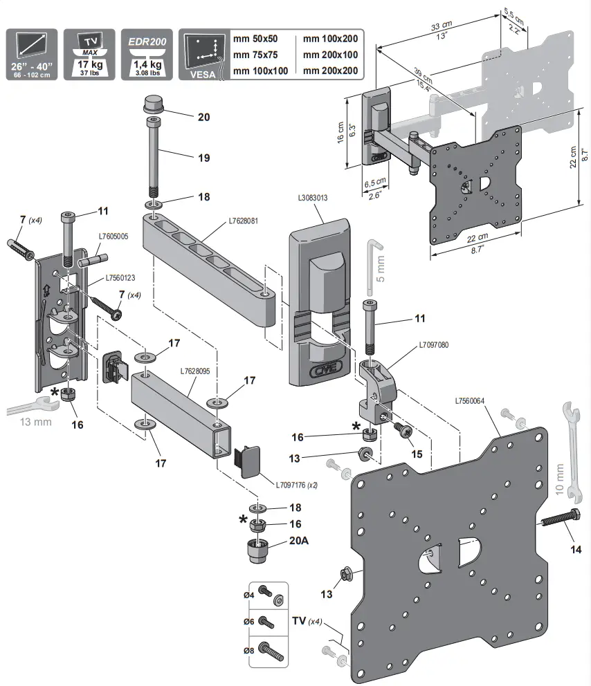 meliconi EDR200 Swivel and Tilt Wall Bracket - Figure 2
