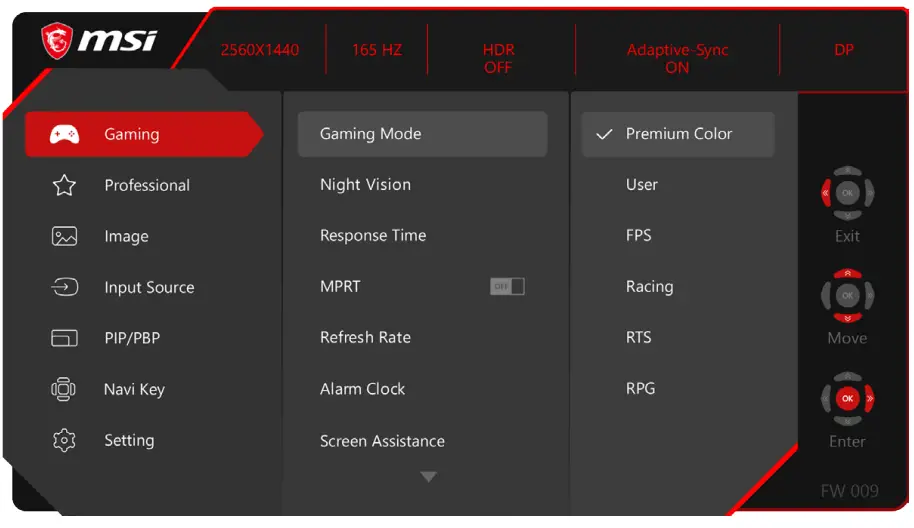 MSI G274QPF-QD LCD Monitor - OSD Menus