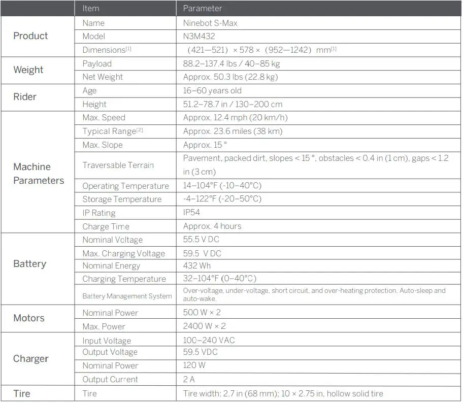 ninebot Electric Scooter with LED Light, Powerful and Portable User Manual - Specifications
