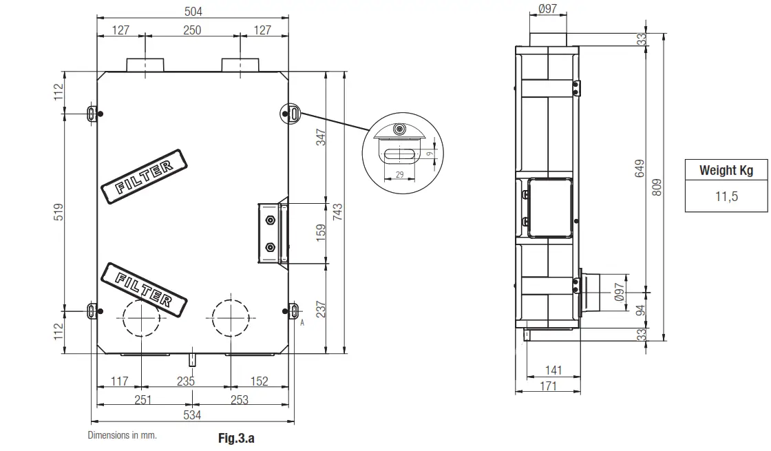 aerauliqa QR120P W Heat Recovery Ventilation Unit - Dimensions and Weight