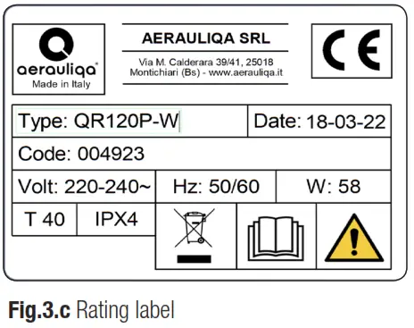 aerauliqa QR120P W Heat Recovery Ventilation Unit - Rating label
