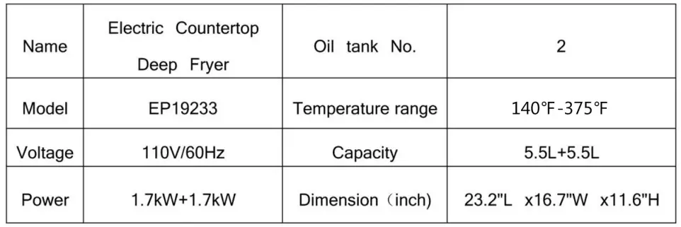 COSTWAY EP19233 Electric Countertop Deep Fryer User Manual - Main parameter