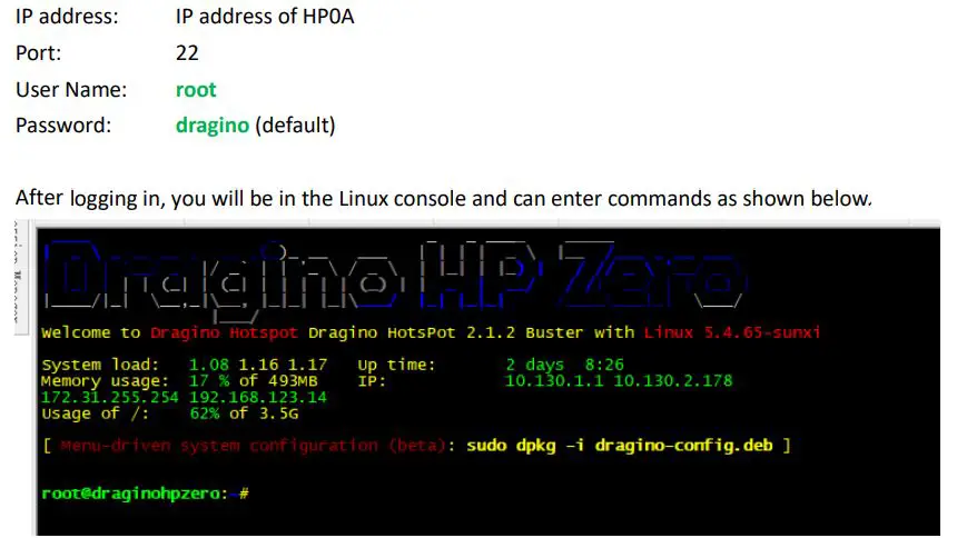 DRAGINO HP0DA Light Hotspot for Helium User Manual - SSH Access for Linux console