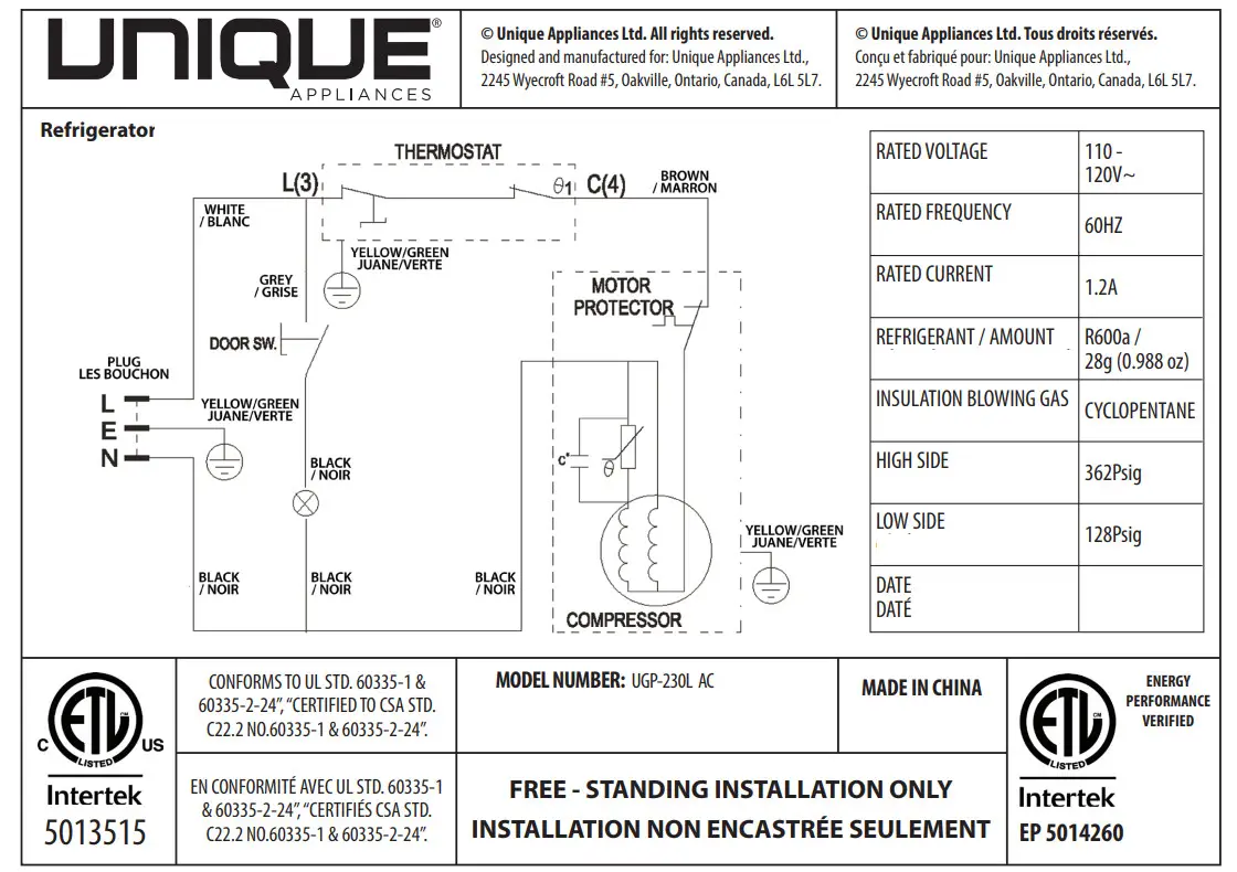intertek UGP-230L AC BOTTOM MOUNT REFRIGERATOR - figure 3