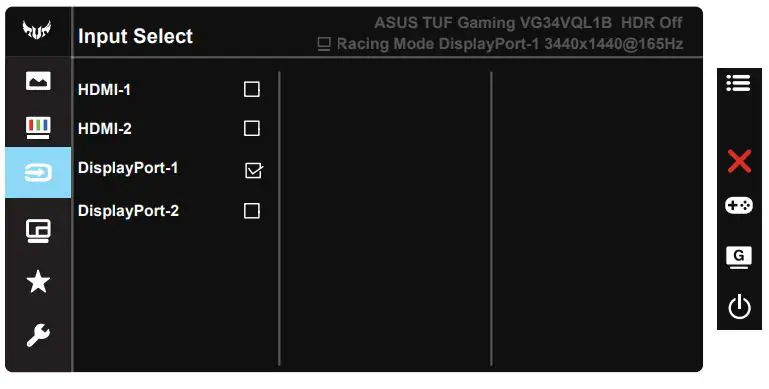 ASUS VG34V Series TUF Gaming Monitor User Guide - Input Select