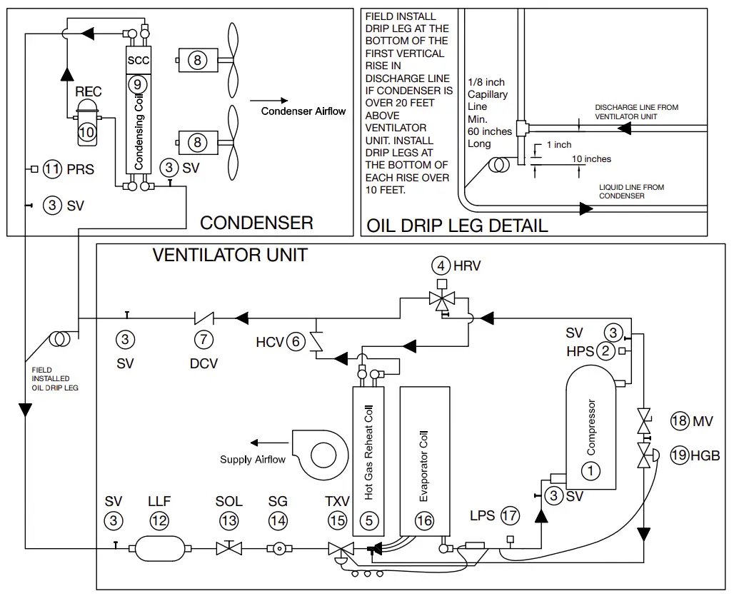Split DX Cooling with Three-Way Hot Gas Reheat and Hot Gas Bypass