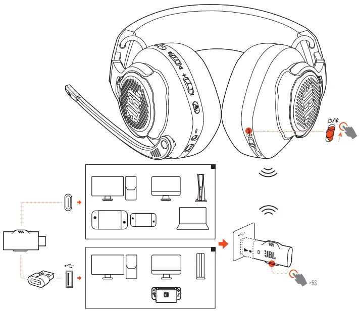 JBL Quantum 910 Black Wireless ANC Over Ear Gaming Headset - To pair manually