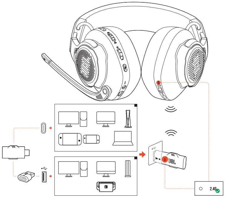 JBL Quantum 910 Black Wireless ANC Over Ear Gaming Headset - wireless connection