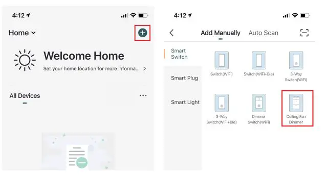 DS03 Smart Ceiling Fan Control and 2 PACK Dimmer Light Switch - Configure the APP to the Switch