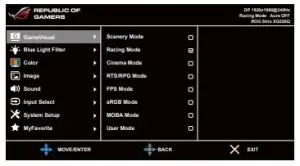 Interface Asus XG25BQ Republic of Gamers ROG Strix Gaming Monitor