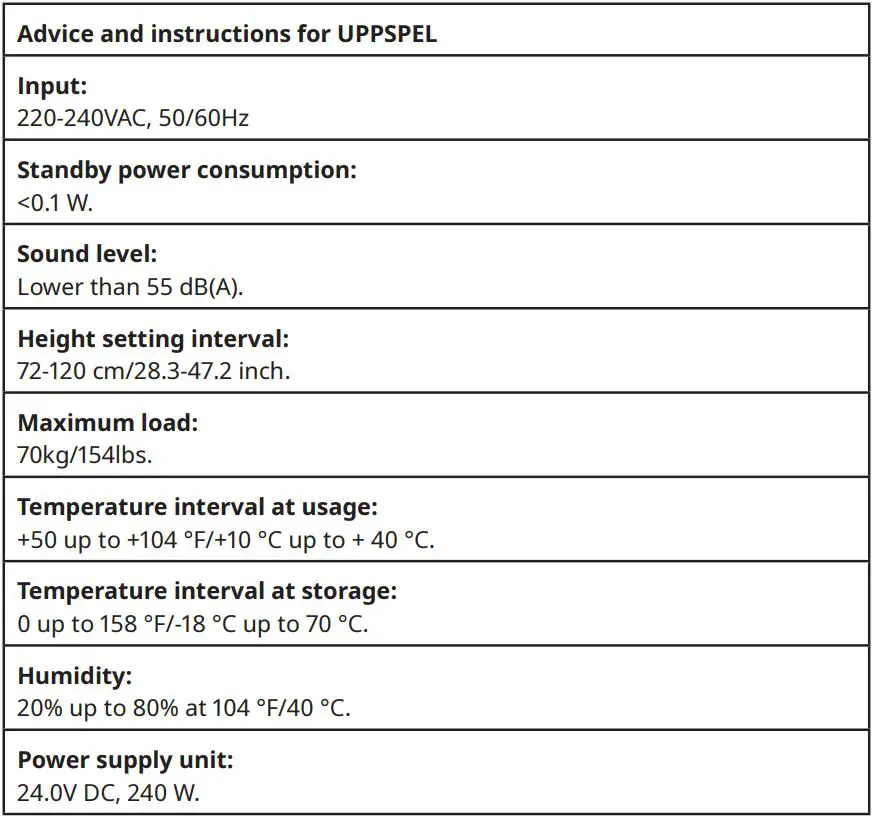 IKEA UPPSPEL Underframe Sit Stand F Table Instruction Manual - Electrical sit and stand desk