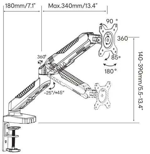 anko 43108121 Gas Lift Monitor Arm Instruction - product Dimensions