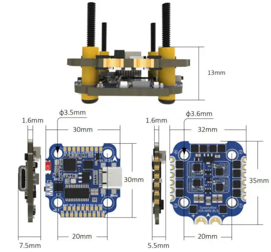 SpeedyBee F7 35A BLS Mini Stack Flight Controller Stack - Dimensions