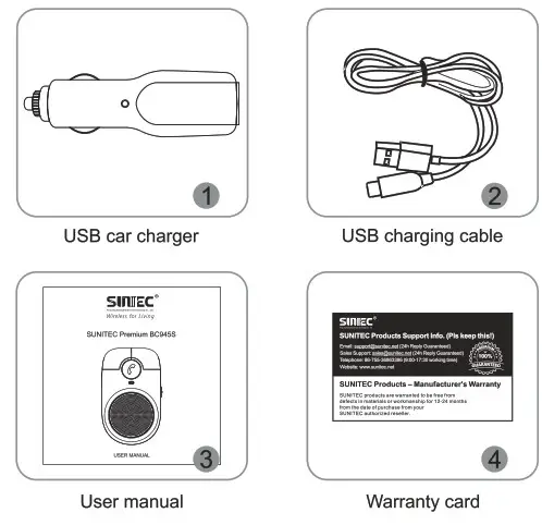 SUNITEC BC945P Premium Handsfree Bluetooth for Cell Phone - accessories