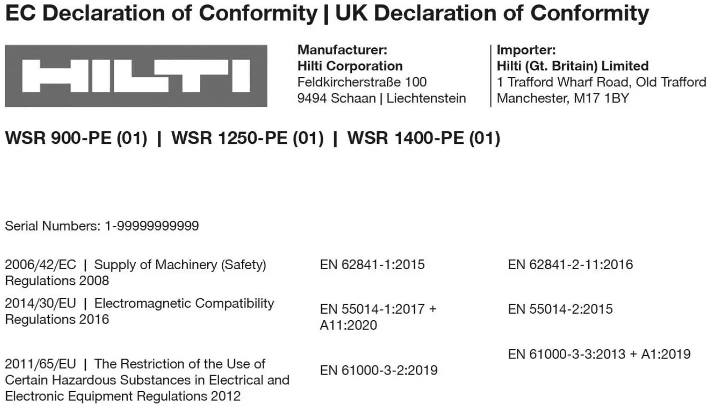HILTI WSR 900-PE Variable Corded Reciprocating Saw Instruction Manual - EC Declaration of Conformity