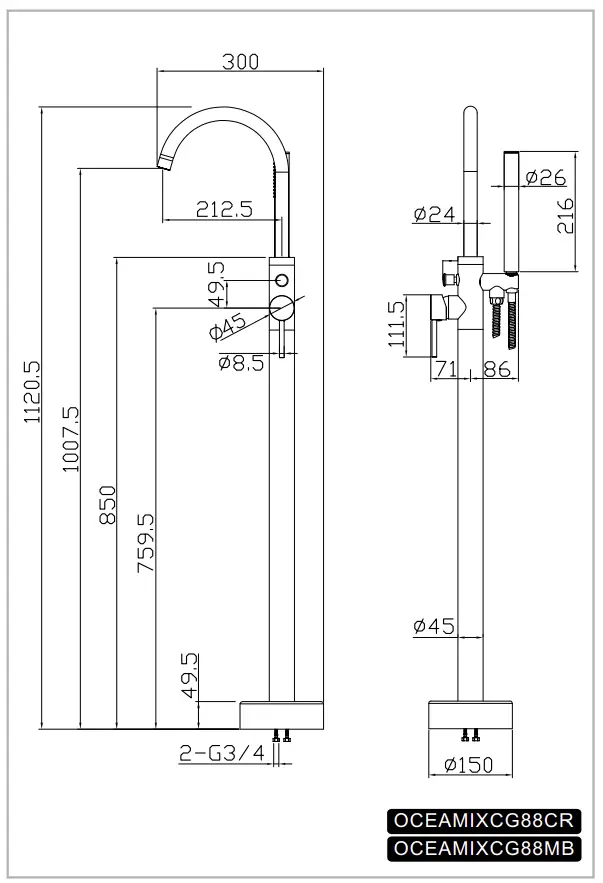 OCEAMIXCG88MB Floor-Mounted Mixer Installation Instruction illustration