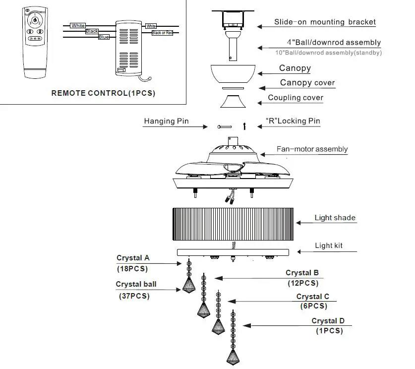 Parrot Uncle F3502WH110V 36 Inch Chrome Retractable Crystal Chandelier Ceiling Fan-2
