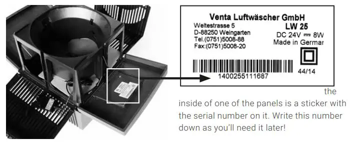 VENTA AIRWASHER User Manual - the inside of one of the panels is a sticker with the serial number on it