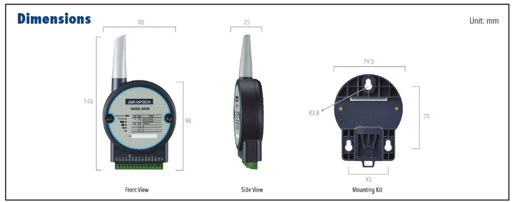 ADVANTECH IoT Wireless IO Module WISE-4060 - Dimensions