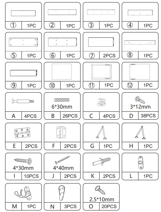JAXPETY HG61S0827 White Wall Fold Out Writing Desk Convertible Cabinet - Hardware List
