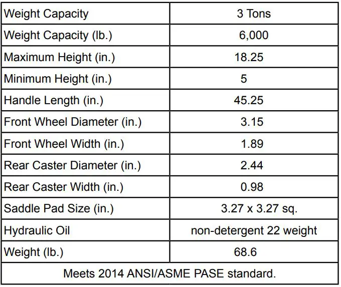 DAYTONA 64200 3 Ton Heavy Duty Floor Jack Owner’s Manual - Specifications