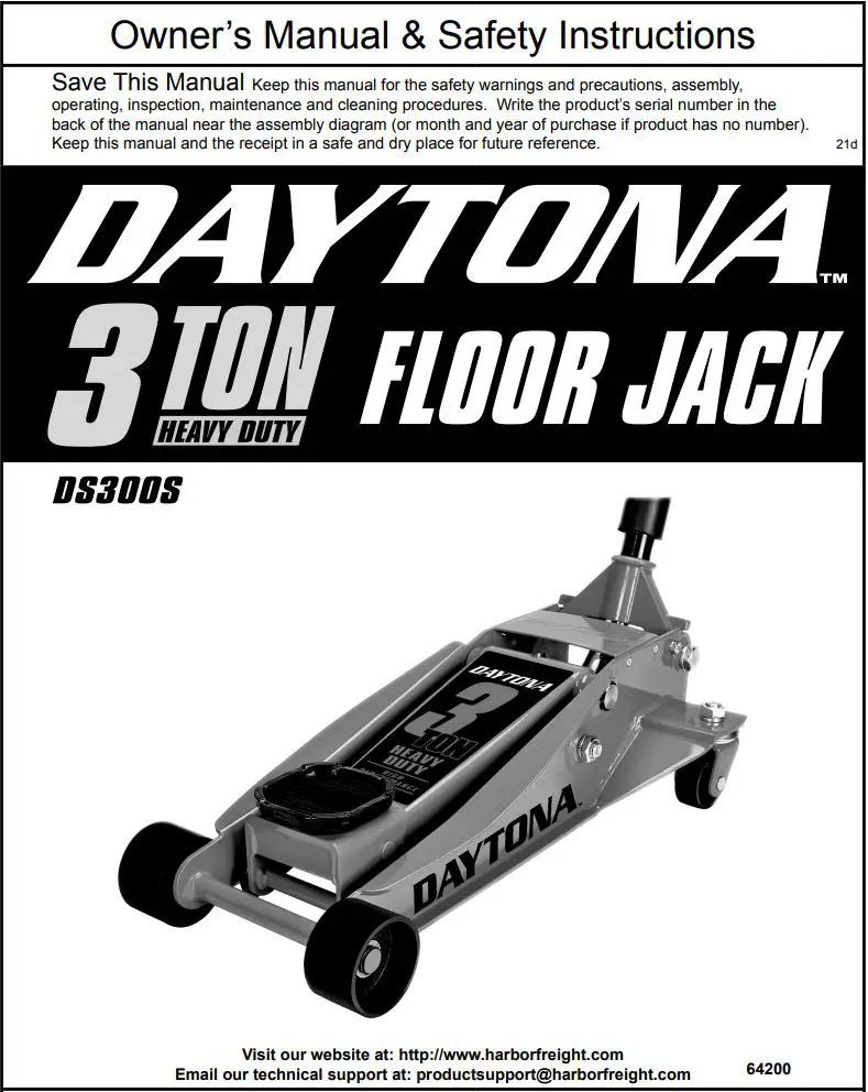 DAYTONA 64200 3 Ton Heavy Duty Floor Jack Owner’s Manual