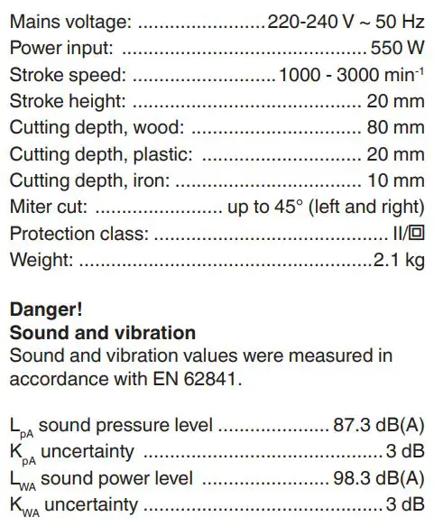 Einhell TC-JS 80 1 Jigsaw Instruction Manual - Technical data
