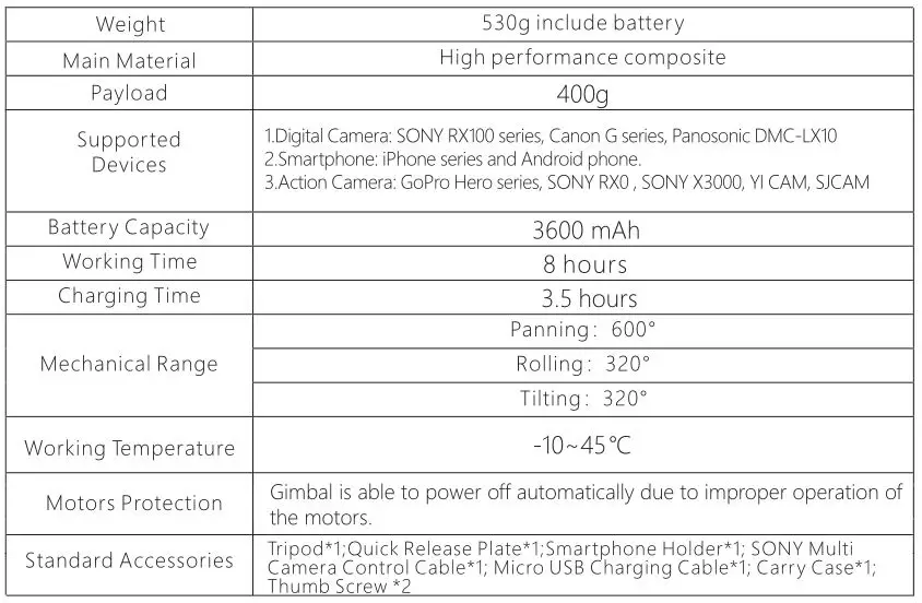 hohem 3-Axis Stabilizing Gimbal Compact Digital Camera - Parameters