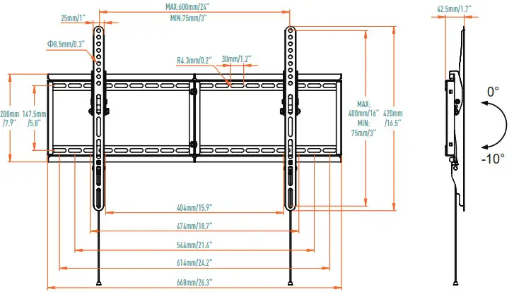 MOUNTUP TV Wall Mount - Dimensions