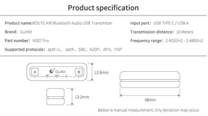 ROUTE AIR Bluetooth Audio USB Transmitter - Product Specification