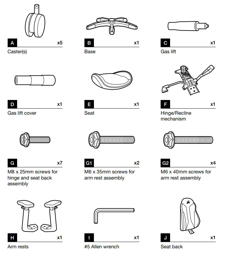 CORSAIR TC60 TC70 Gaming Chair - BOX CONTENTS
