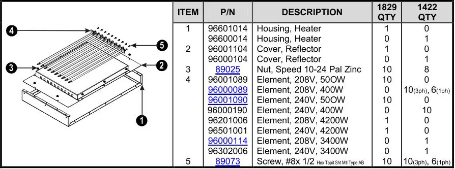 APWwyott Pass Through Toaster - LOWER ELEMENT HOUSING PARTS LIST