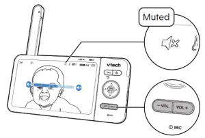 vtech RM5764HD 5-Inch Smart Wi-Fi 1080P Pan and Tilt Monitor - Adjust speaker volume