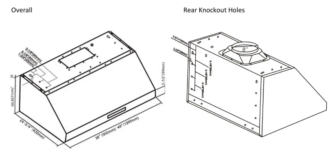 Adexa AP238-PS83-36 Under Mount Hood - DIMENSIONS FOR 36’’ & 4 8 ’’ HOOD