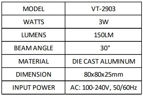 V-TAC VT-2903 Led Wall Light Instruction Manual - TECHNICAL DATA
