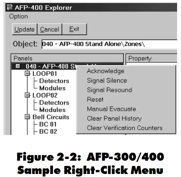 NOTIFIER UniNet 2000 AFP-300 NION Plug In Fire Control Panel - Sample Right-Click Menu