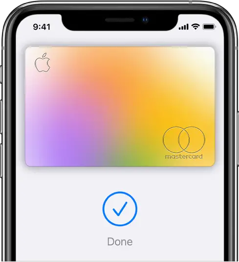 A credit card on the Wallet screen. Below the card is a checkmark and the word “Done.”