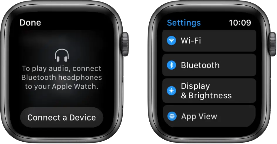 Two screens side by side. On the left is a screen prompting you to connect Bluetooth headphones to your Apple Watch. A Connect a Device button is at the bottom. On the right is the Settings screen, showing Wi-Fi, Bluetooth, Brightness & Text Size, and App View buttons in a list.