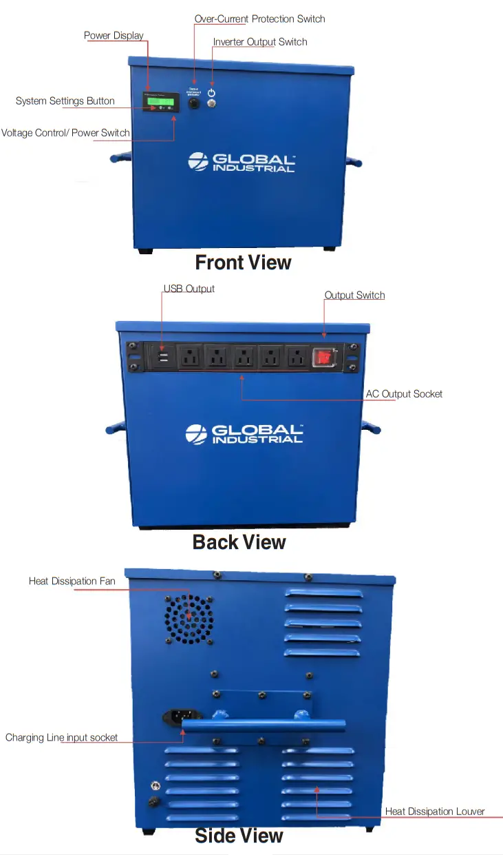 GLOBAL INDUSTRIAL 436981 100 AH 1000W Pure Sine Wave Portable Power Supply - Fig