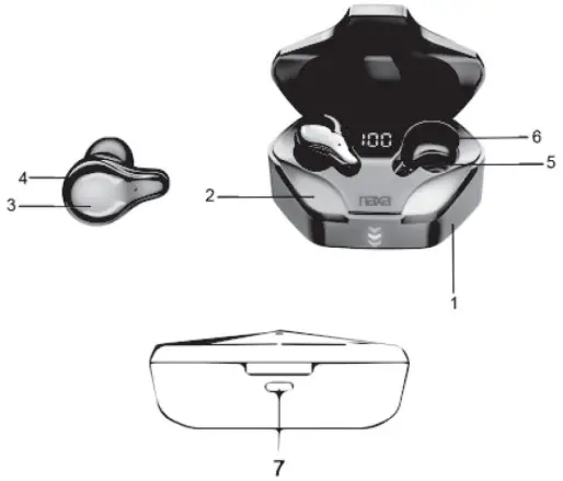naxa NG 1500 Gaming True Wireless Bluetooth Earbuds with Charging Case - Description of parts