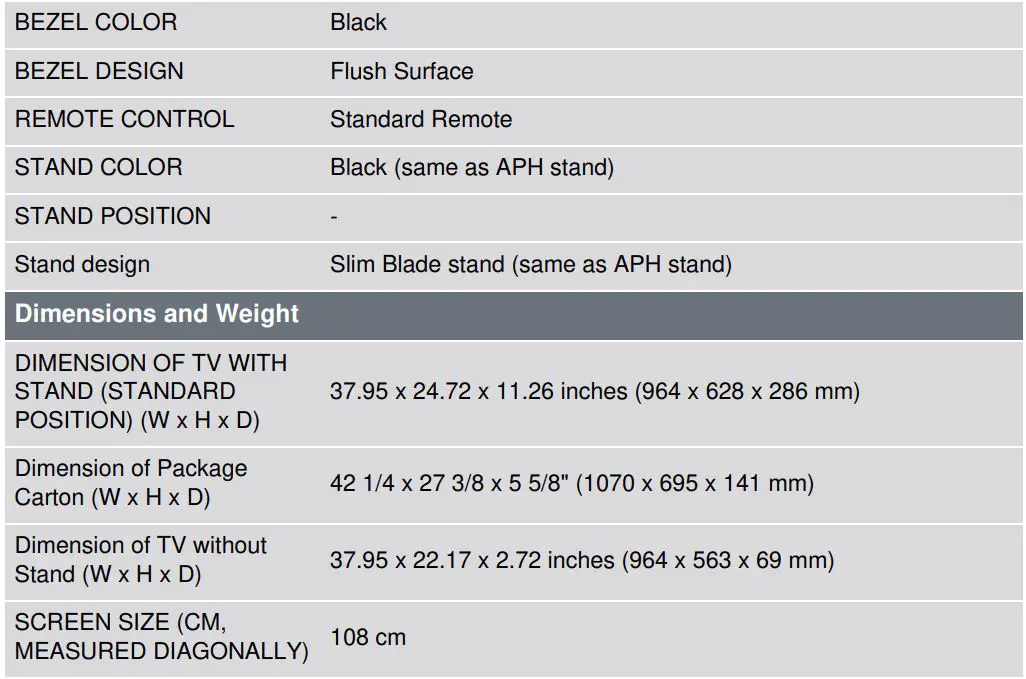 SONY KD43X80K 43 Inch X80K 4K HDR LED TV With Smart Google TV User Guide - Specification