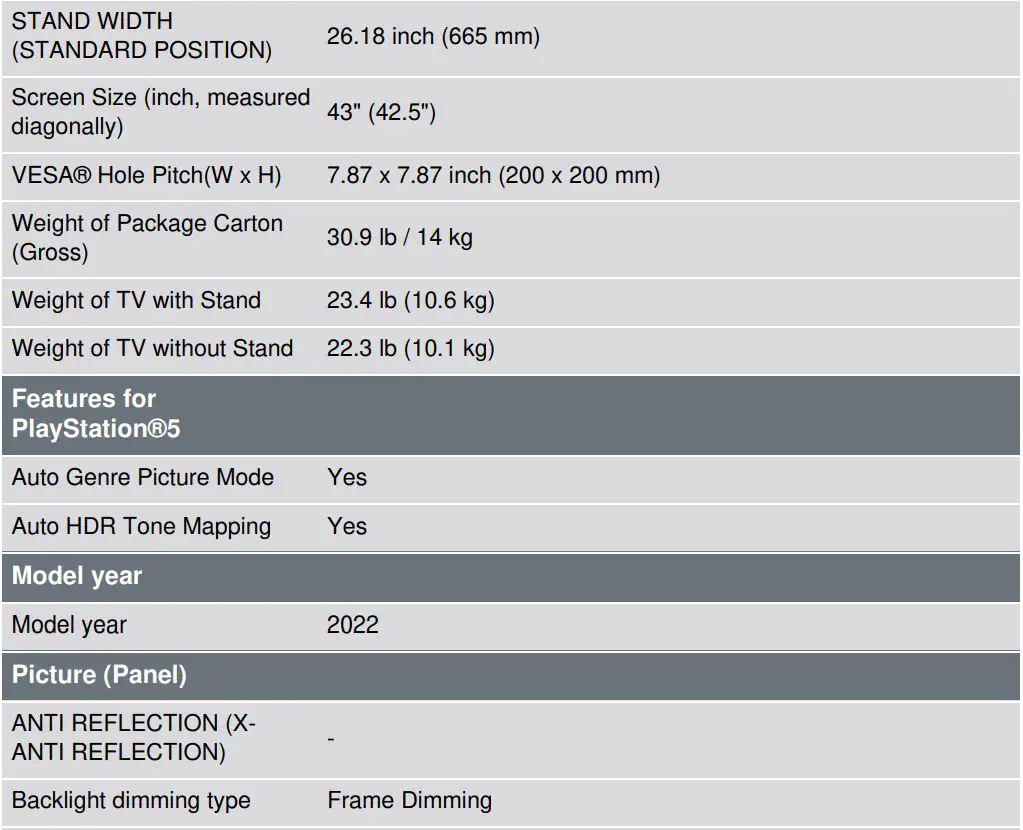 SONY KD43X80K 43 Inch X80K 4K HDR LED TV With Smart Google TV User Guide - Specification