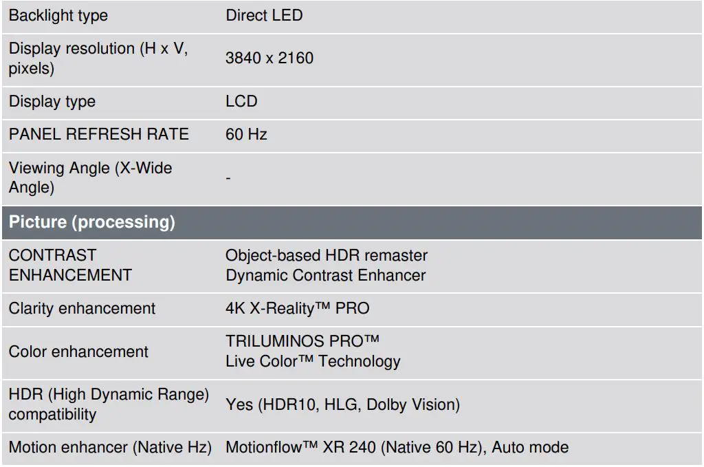 SONY KD43X80K 43 Inch X80K 4K HDR LED TV With Smart Google TV User Guide - Specification