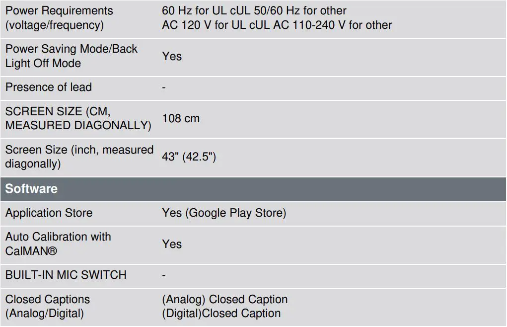 SONY KD43X80K 43 Inch X80K 4K HDR LED TV With Smart Google TV User Guide - Specification