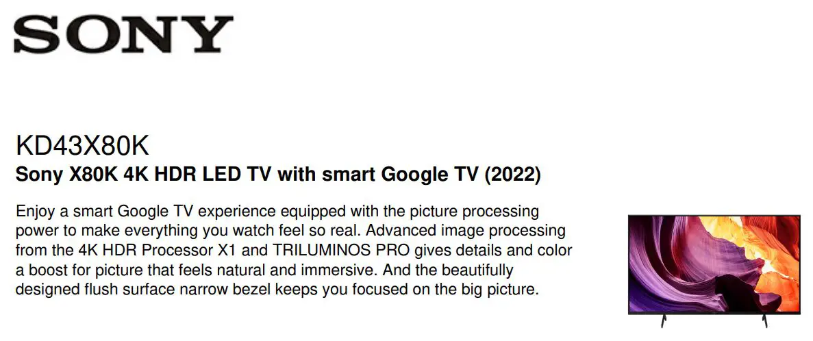 SONY KD43X80K 43 Inch X80K 4K HDR LED TV With Smart Google TV User Guide